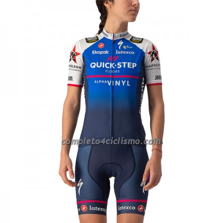 Completo Maglia + Pantaloncino con bretelle 2022 Quick-Step Alpha Vinyl Manica Corta Blu Bianco Donna